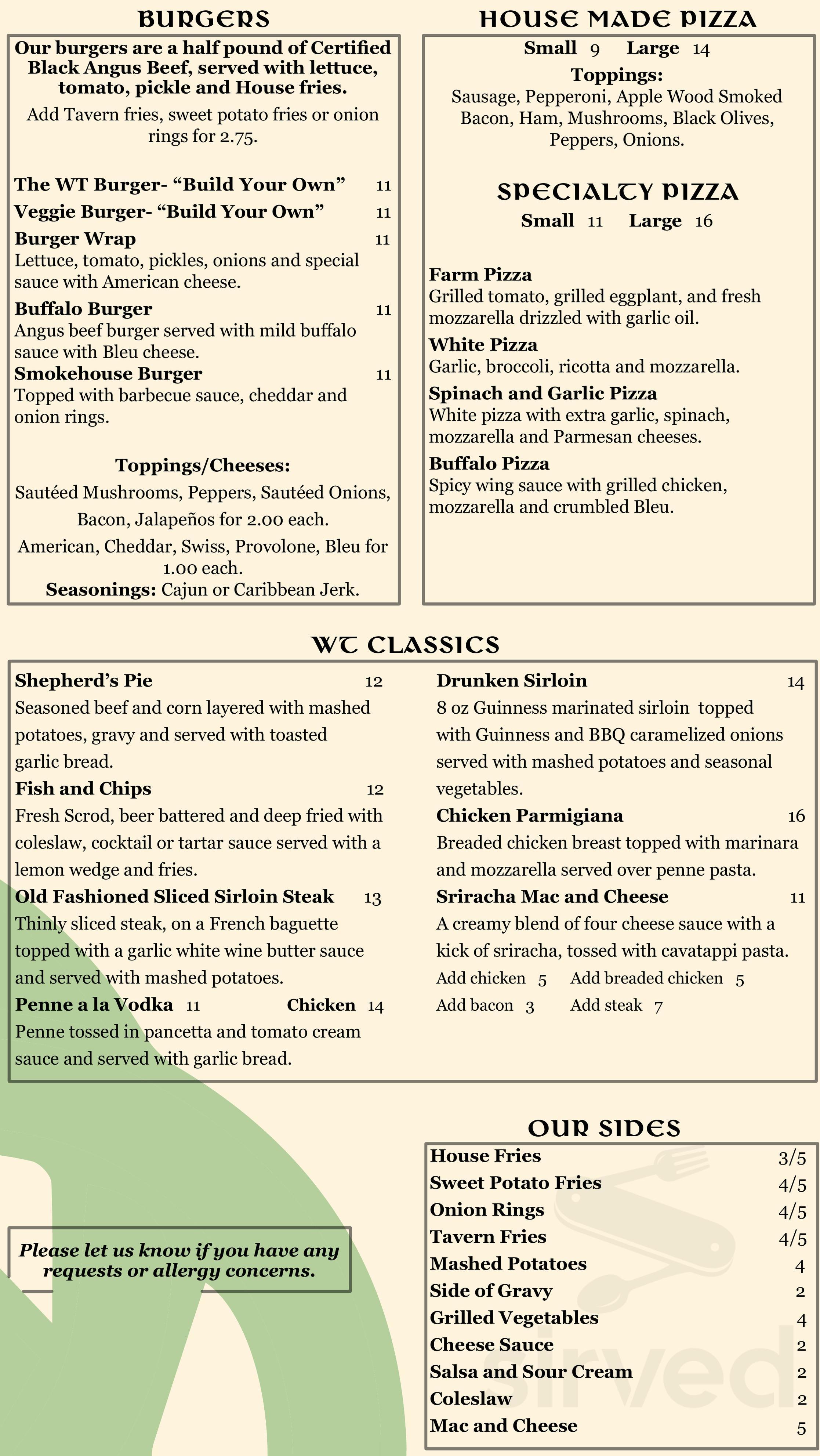 Washington Tavern menu in Albany, New York, USA