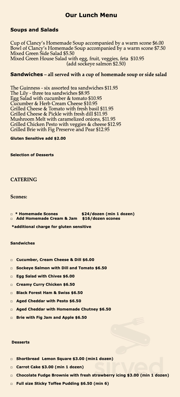 Clancy's Tea Cosy menu in White Rock, British Columbia, Canada