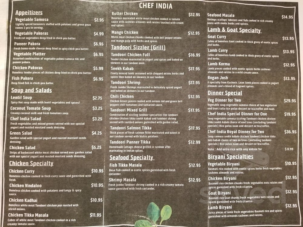Chef India menu in Lawton, Oklahoma, USA
