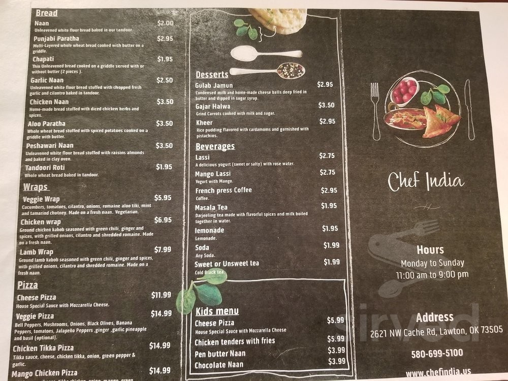 Chef India menu in Lawton, Oklahoma, USA
