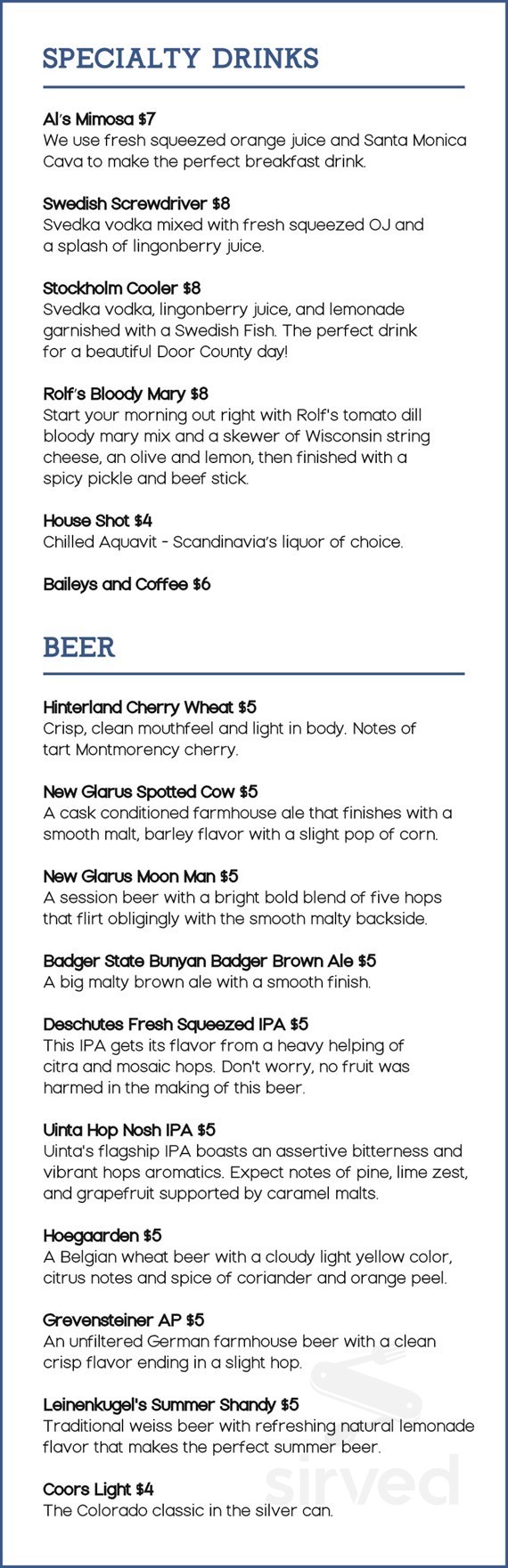 Al Johnson's Swedish Restaurant & Butik drink menu in Sister Bay, Wisconsin