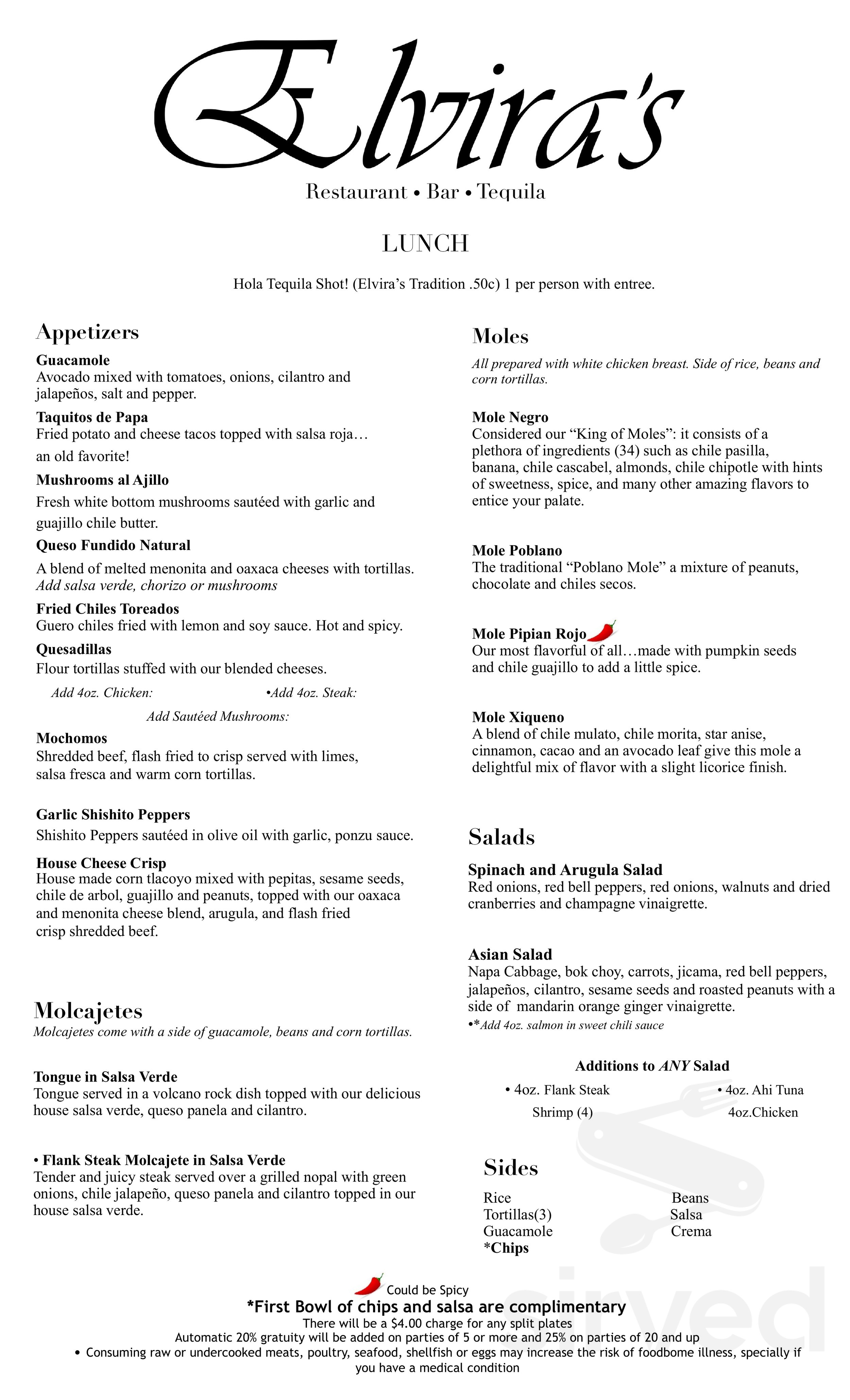 Elvira's Restaurant menu in Tubac, Arizona, USA