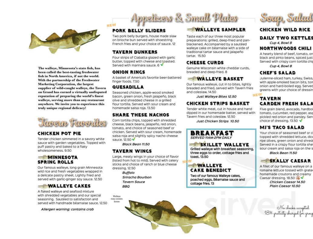 Tavern on Grand menu in St Paul, Minnesota, USA