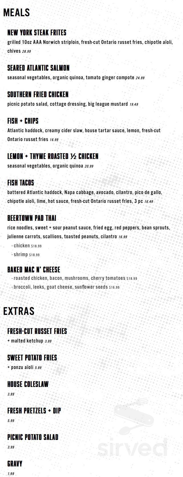 Beertown Public House Barrie menu in Barrie, Ontario, Canada