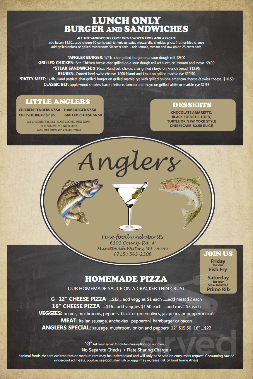 Menu - Manitowish Waters WI's Angler's Fine Food and Spirits | Sirved