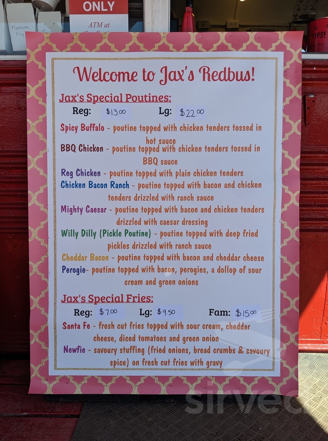 Jax's RedBus French Fries menus in Pefferlaw, Ontario, Canada