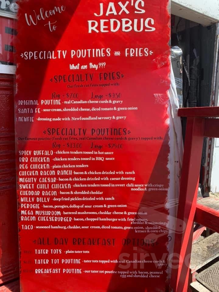 Jax's RedBus French Fries menus in Pefferlaw, Ontario, Canada