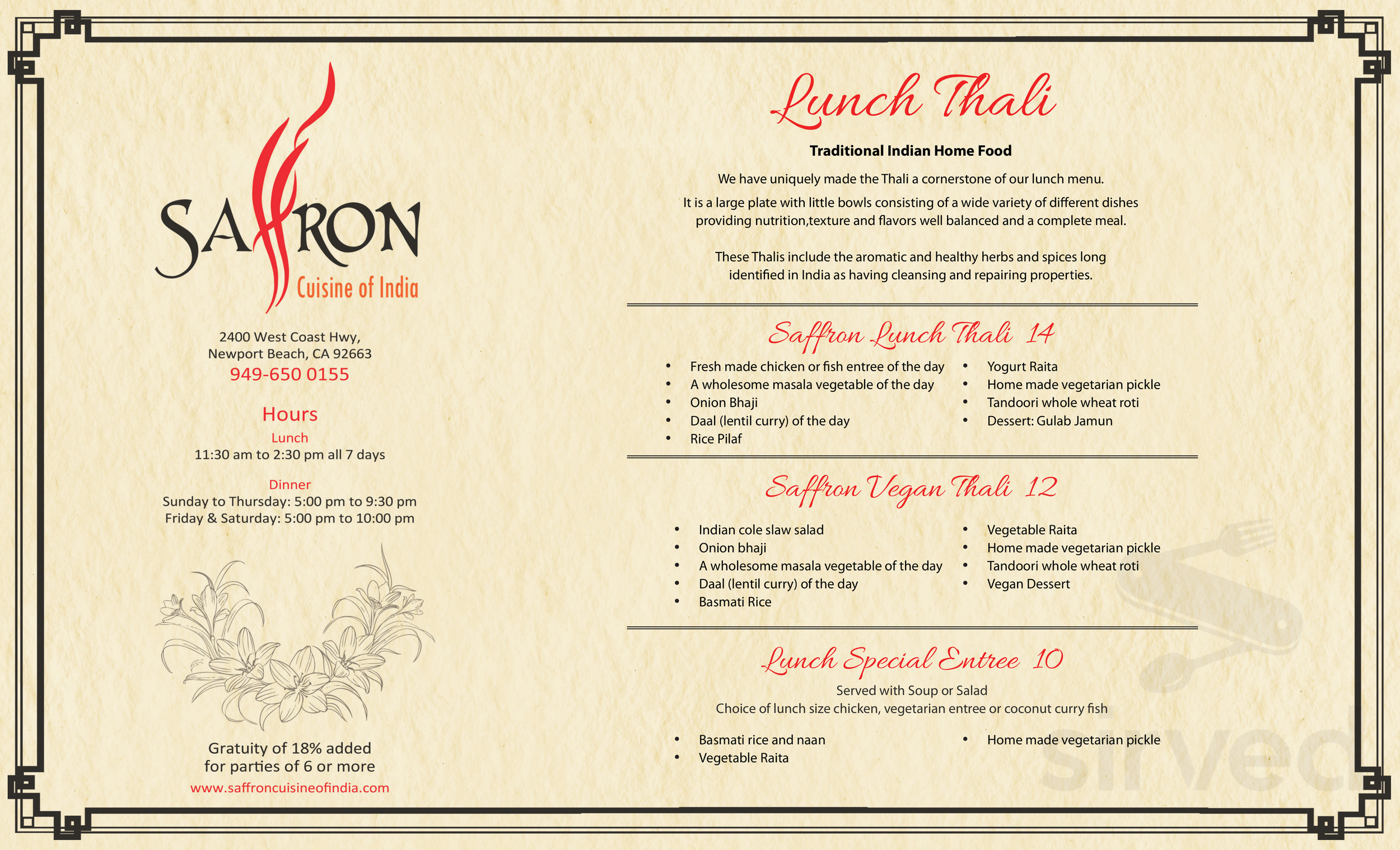 Indri Menu Indarra, Modern Indian Cuisine menu in Pasadena, California, USA