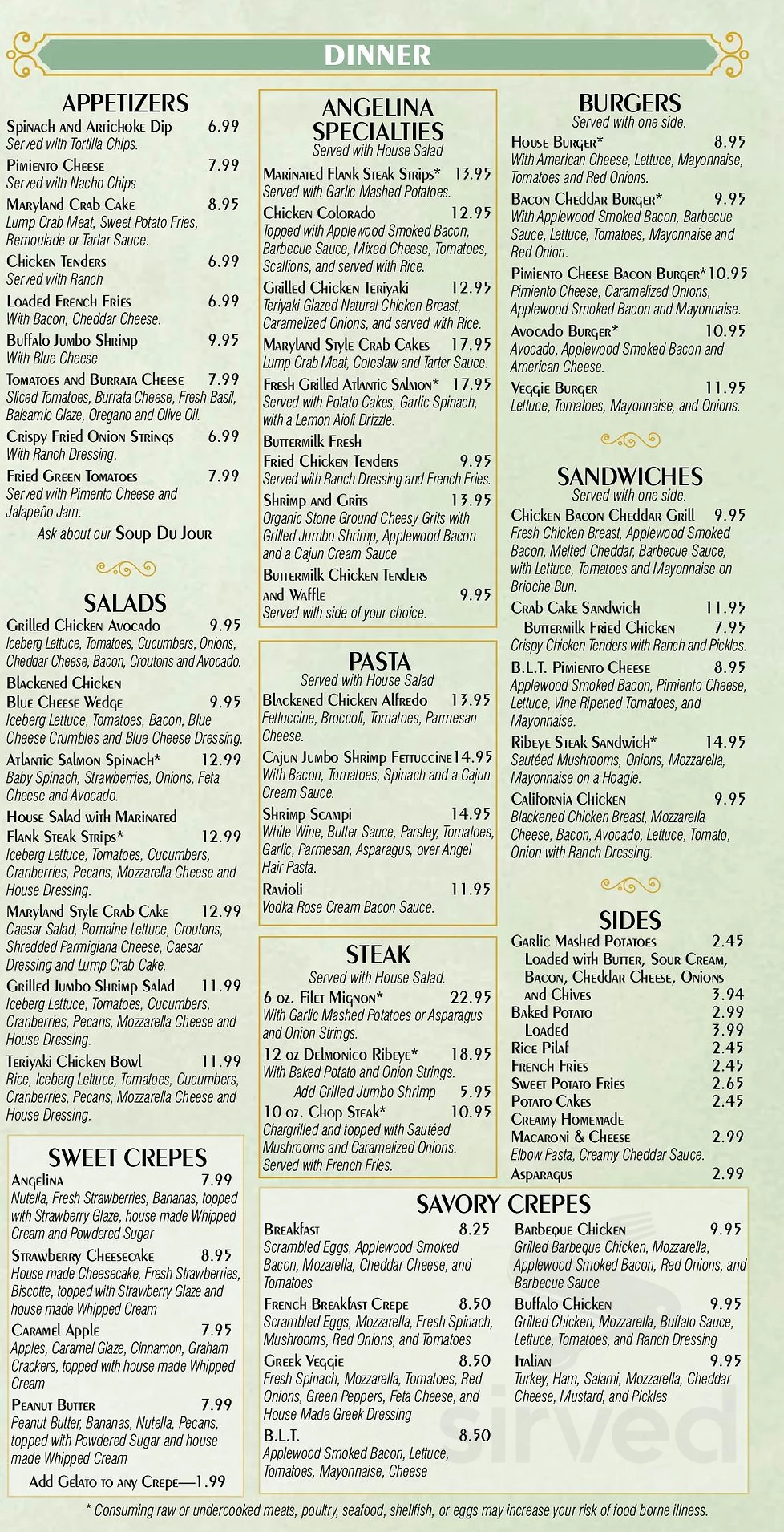 Angelina Cafe menu in Burlington, North Carolina, USA