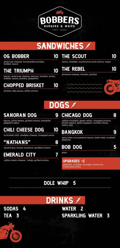 Bobbers Burgers & Whips menu in Dallas, Texas, USA