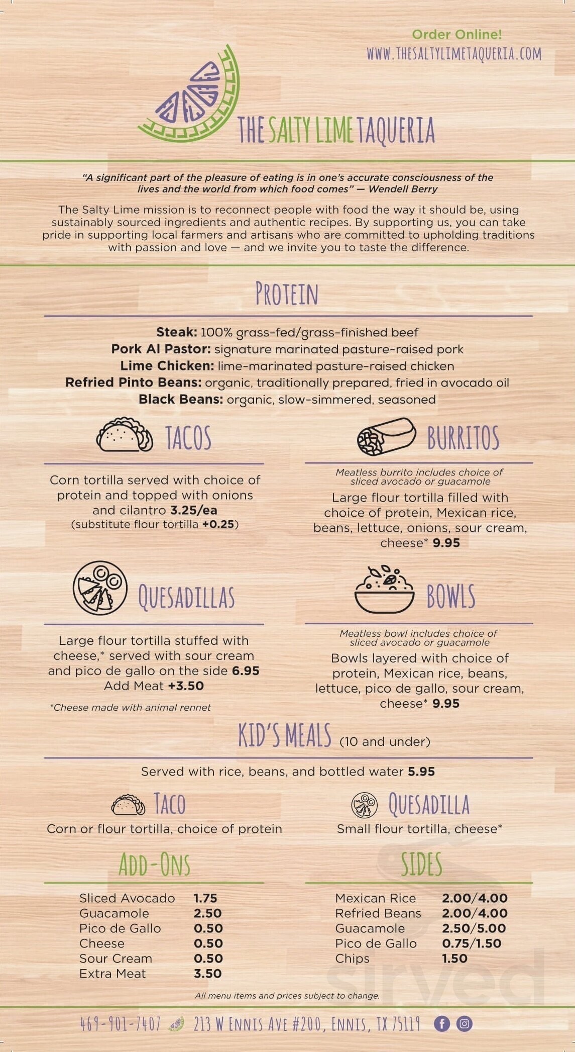 The Salty Lime Taqueria menu in Ennis, Texas, USA