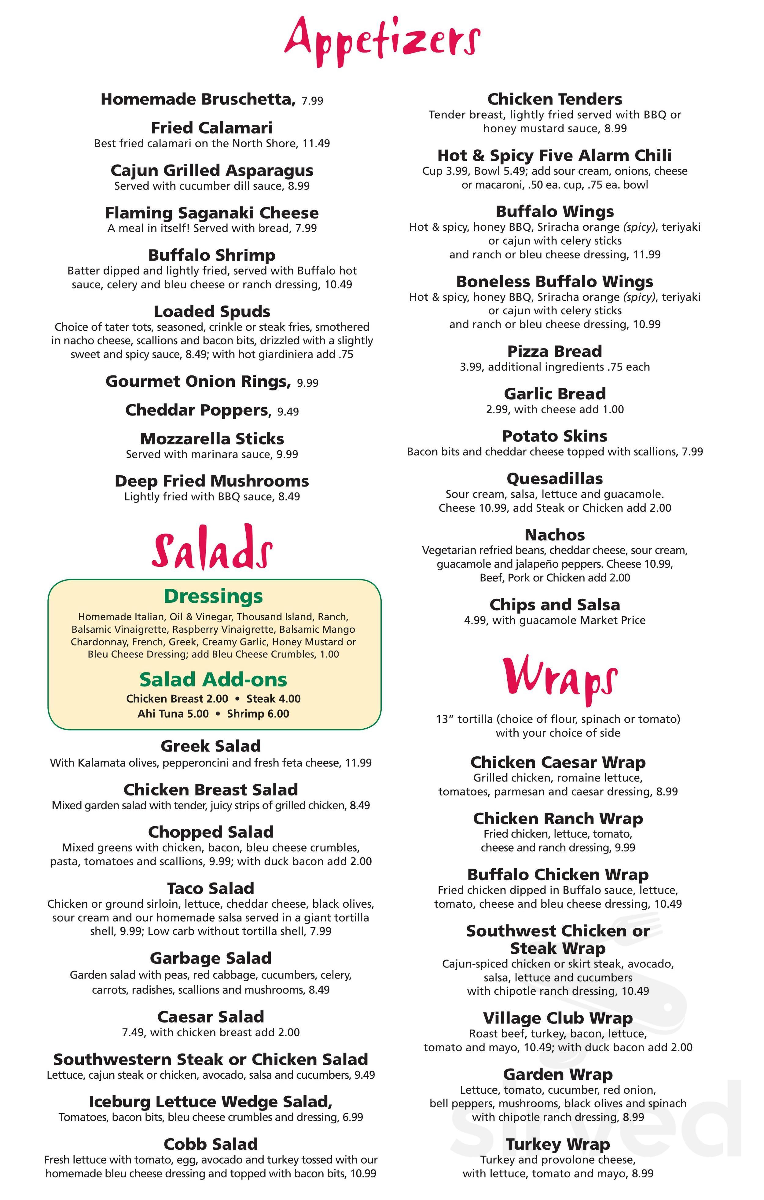 Menu Skokie IL's Village Inn Pizzeria Sports Bar and Grill Sirved