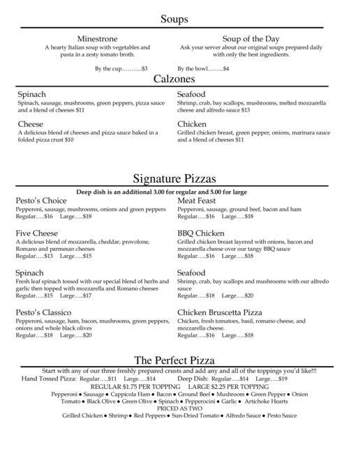 Pesto's Italian Restaurant menu in Valparaiso, Indiana, USA