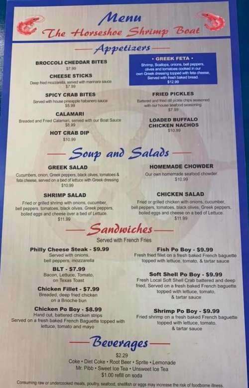 The Shrimp Boat menu in Horseshoe Beach, Florida, USA