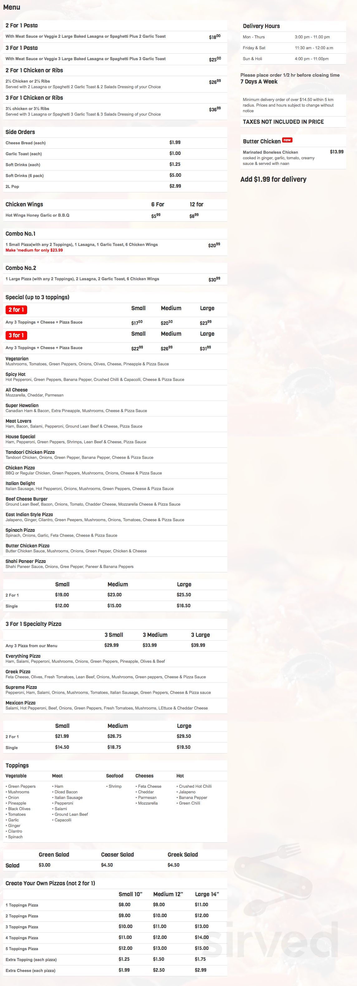 Bob & Al's Pizza take out menu in Burnaby, British Columbia