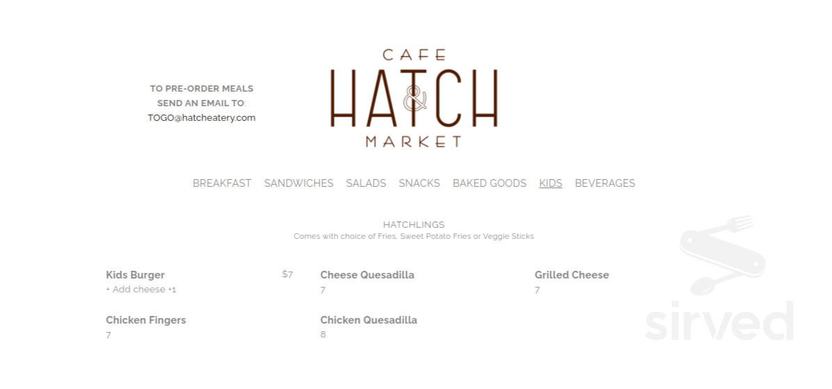 Hatch Cafe & Market kids menu in Agoura Hills, California