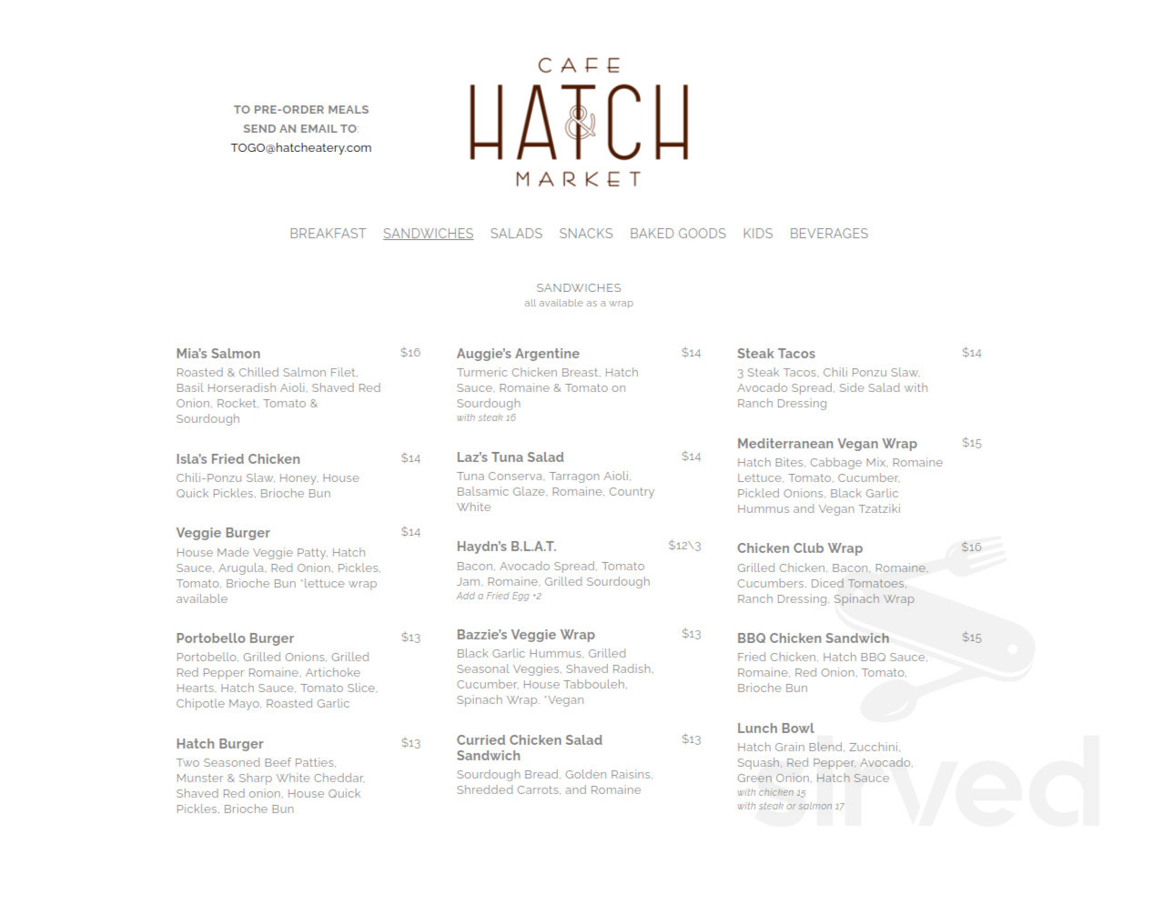 Hatch Cafe & Market menu in Agoura Hills, California
