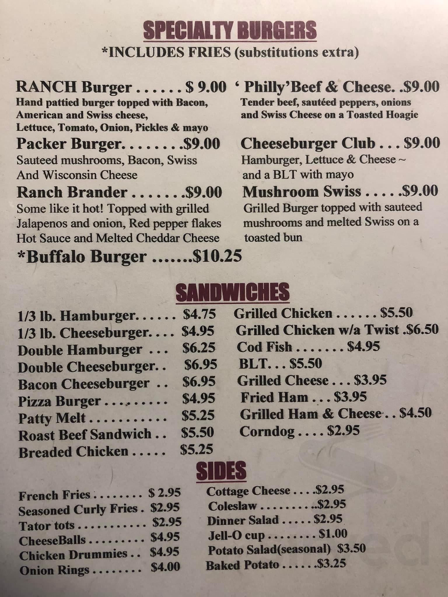 Ranch Cafe menu in Miller, South Dakota, USA