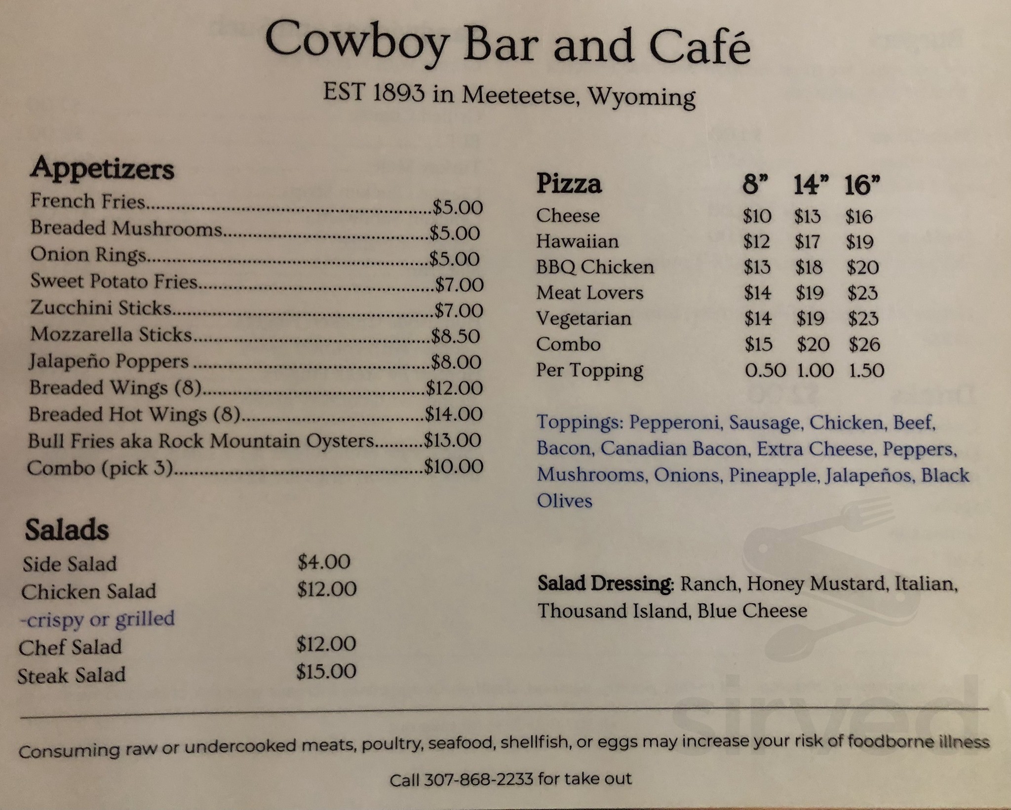 Cowboy Bar and Cafe menu in Meeteetse, Wyoming, USA