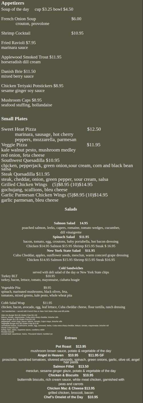 Glen Iris Inn menu in Castile, New York, USA