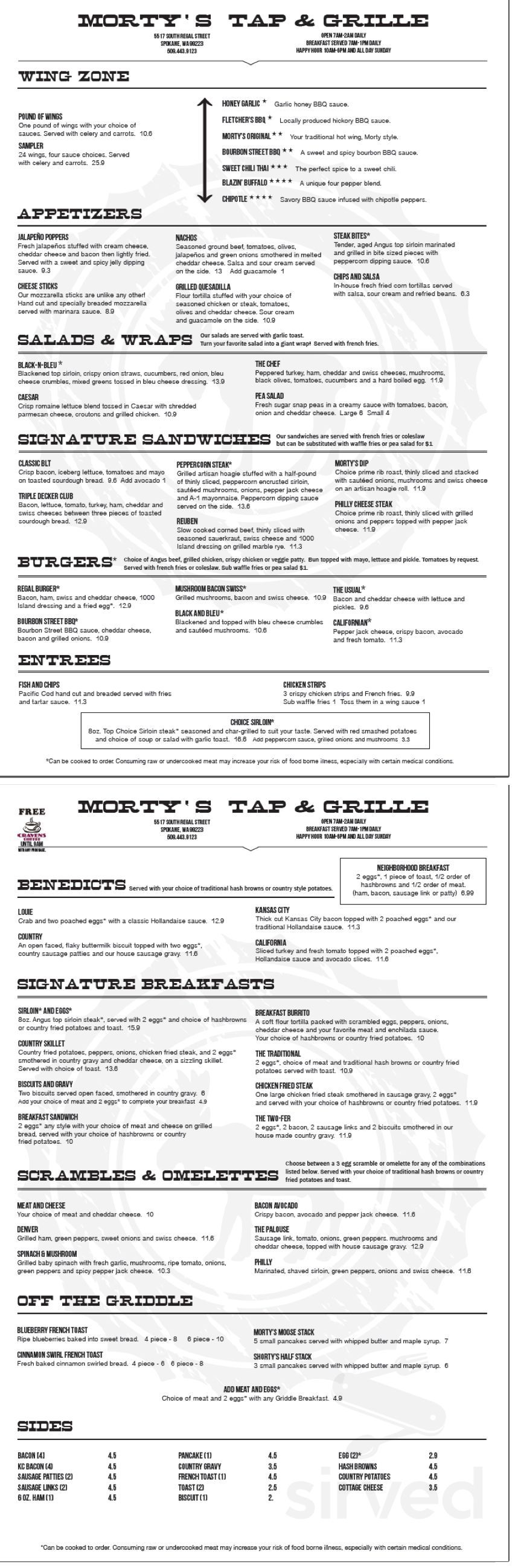 Morty's Tap & Grille menu in Spokane, Washington, USA