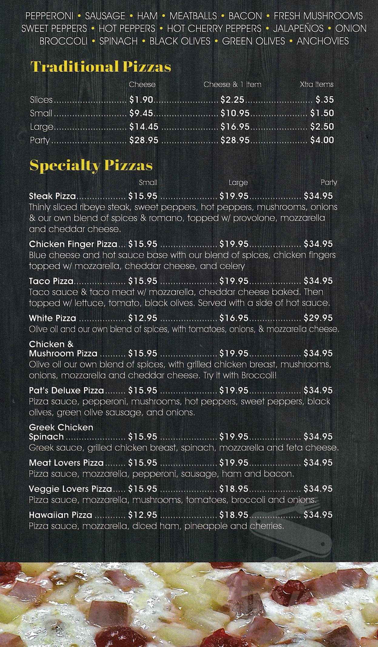 Pat's Pizzeria menu in Angola, New York, USA