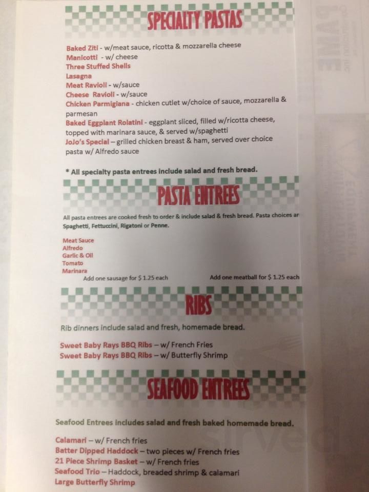 Jojo's Original Italian Pizza menu in Millerstown, Pennsylvania, USA