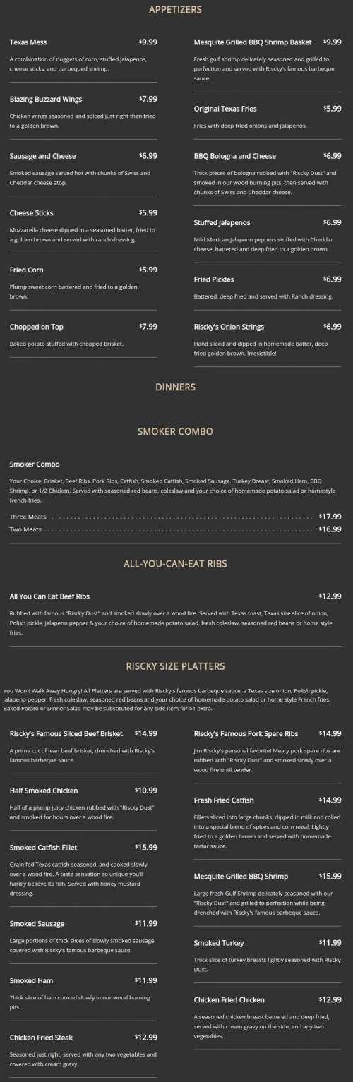 Riscky's Steakhouse menu in Fort Worth, Texas, USA