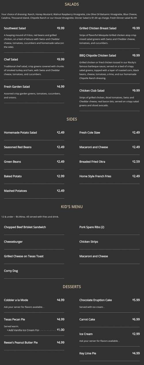 Riscky's Steakhouse menu in Fort Worth, Texas, USA