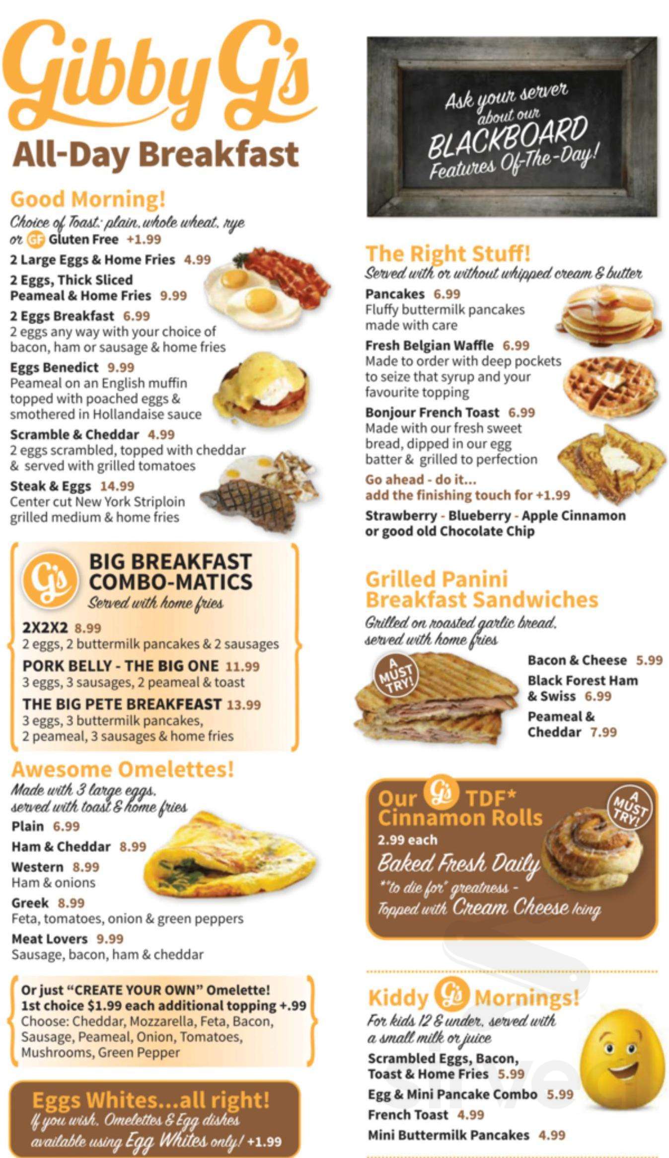 Gibby G's menu in Barrie, Ontario, Canada