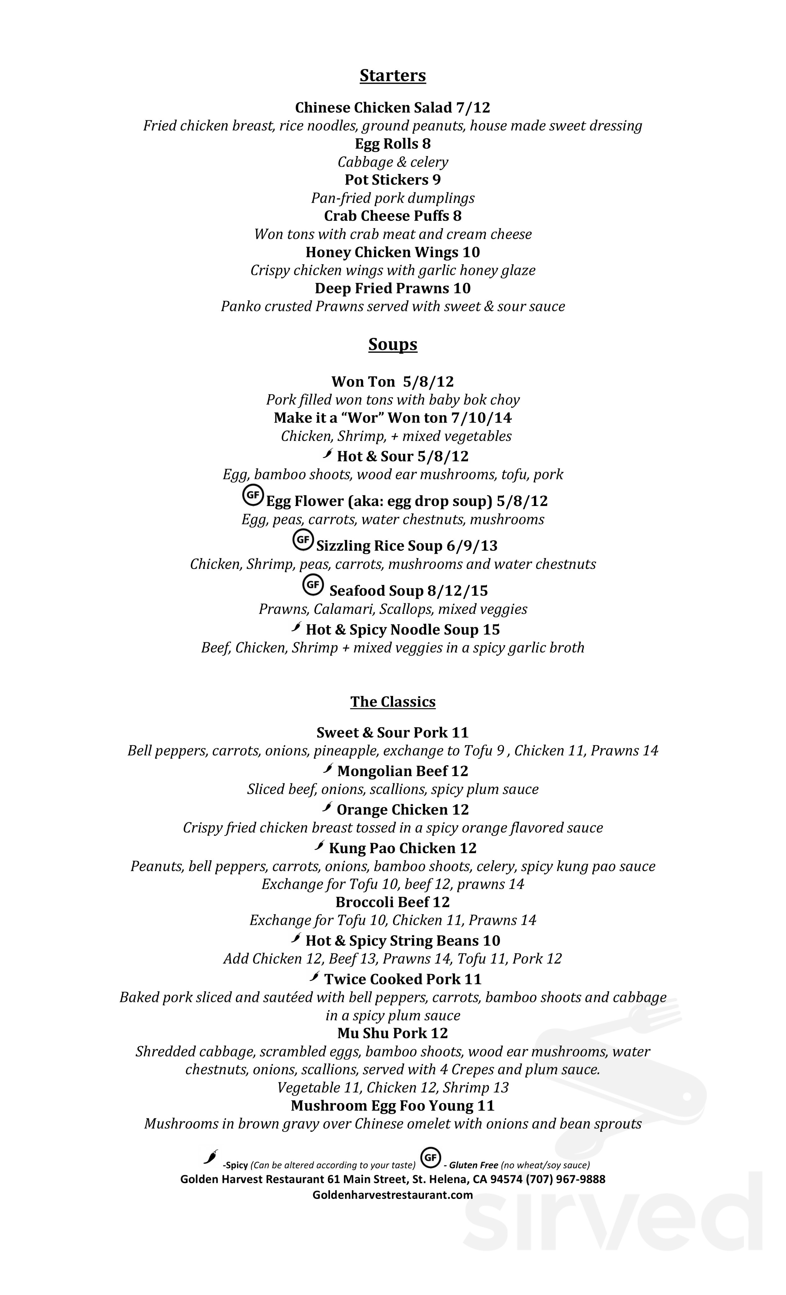Golden Harvest menu in St Helena, California, USA