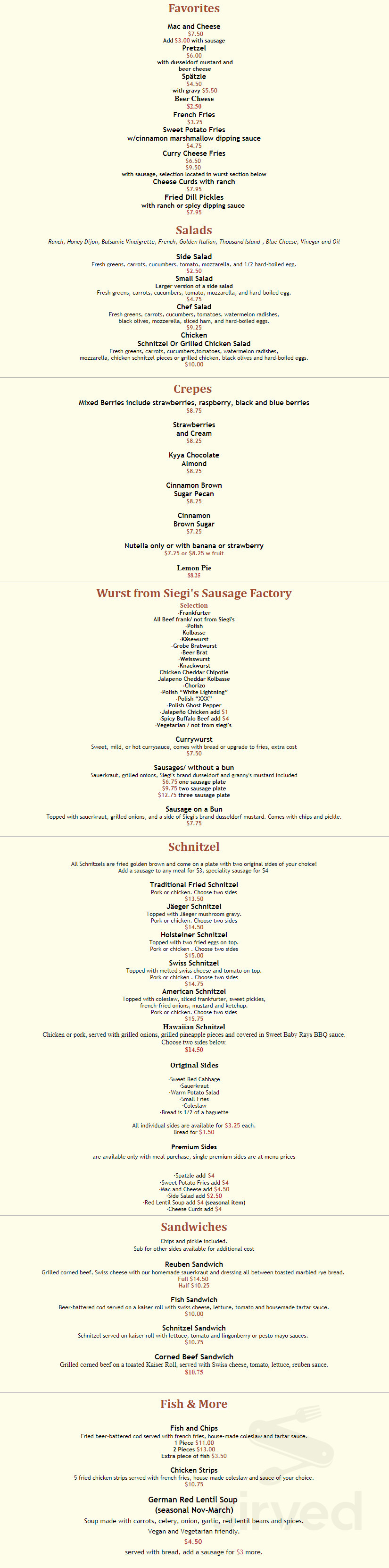 ziggywurst menu in Siloam Springs, Arkansas