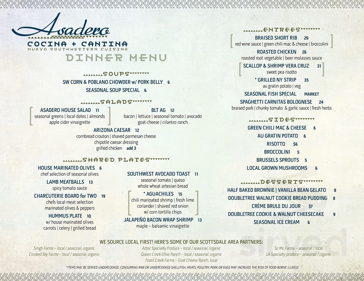 Asadero Cocina Cantina Menu In Scottsdale Arizona USA