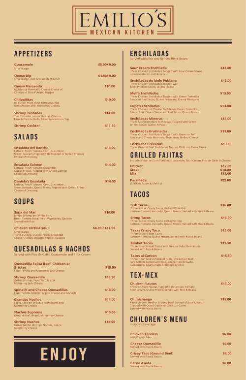 Emilio's Mexican Kitchen menu in Dallas, Texas, USA