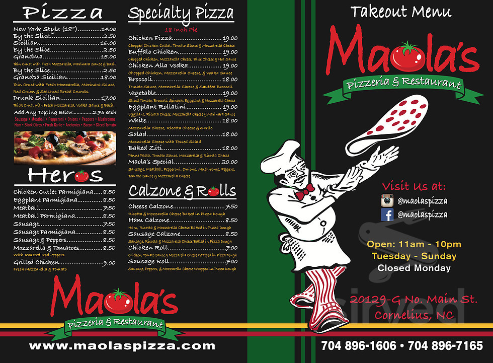 Menu for Maola's Pizzeria & Restaurant in Cornelius, NC | Sirved