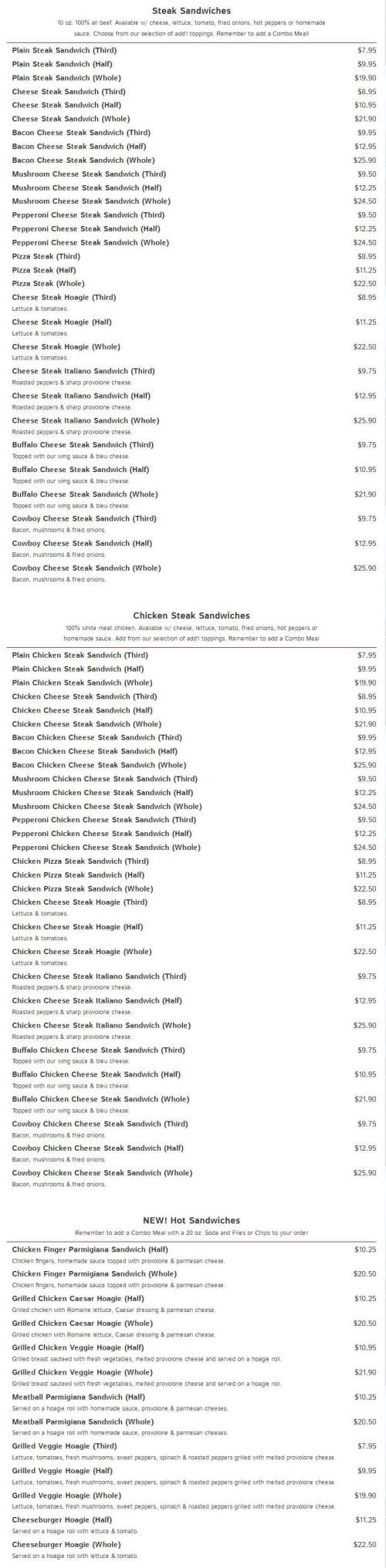 Lee's Hoagie House menu in Abington, Pennsylvania, USA