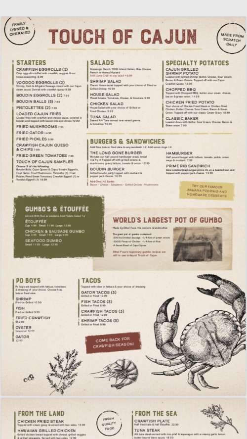 Touch Of Cajun Cafe menu in Nederland, Texas, USA