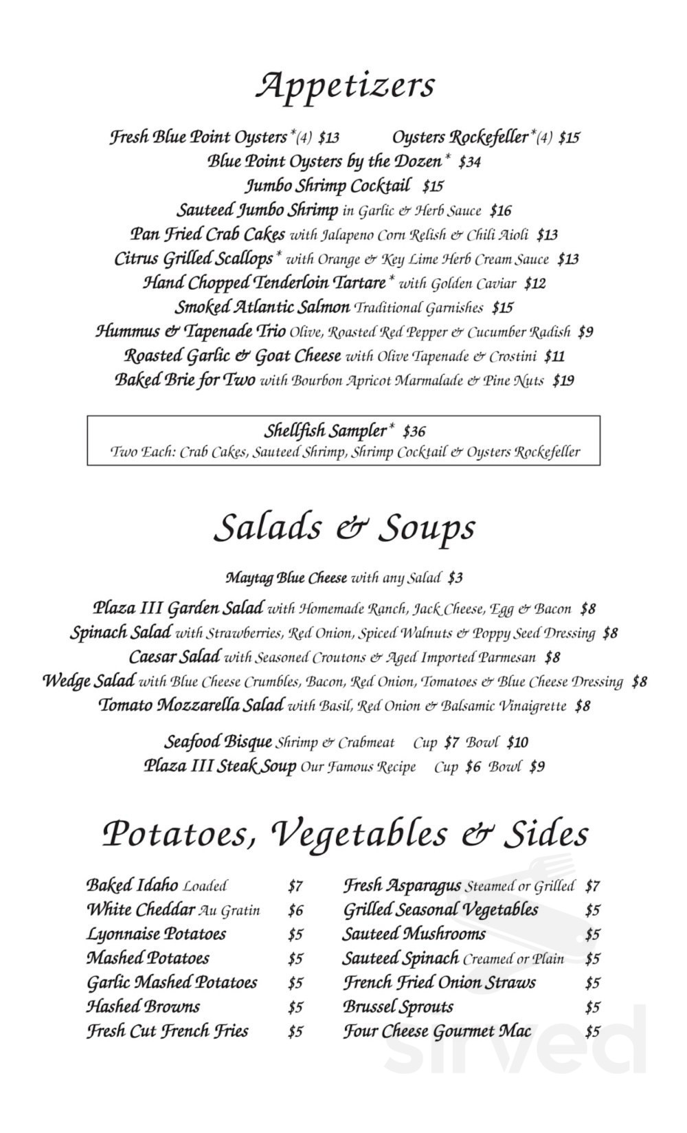 Plaza III Steakhouse menus in Overland Park, Kansas, United States