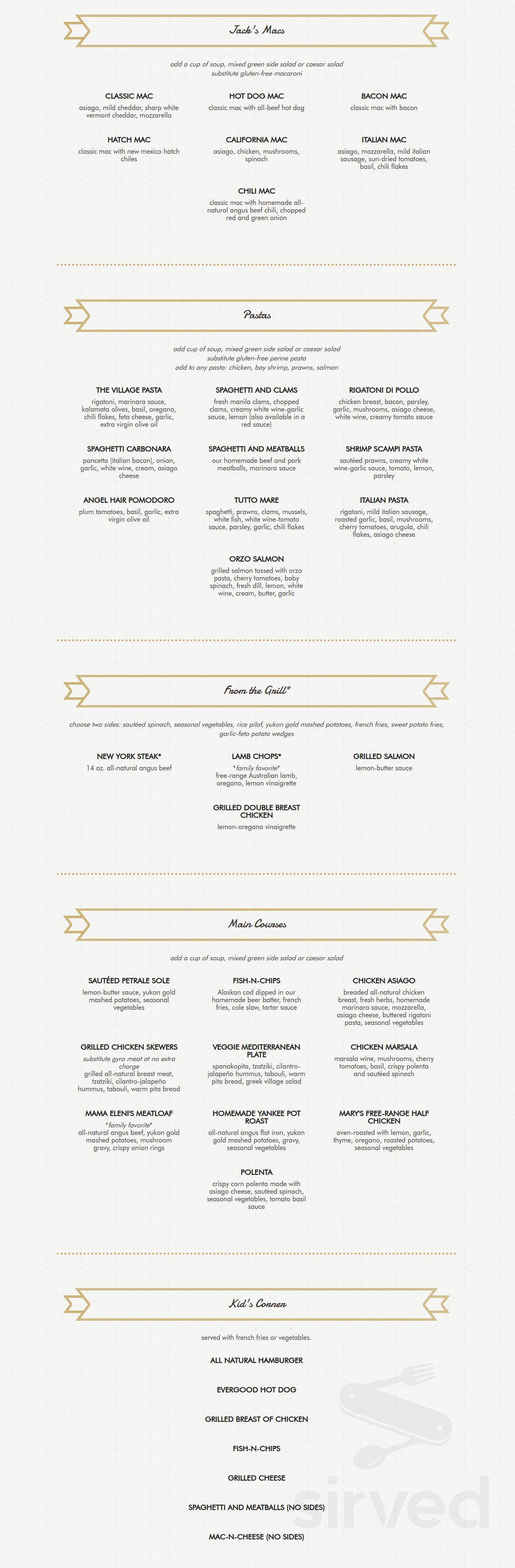 Menu San Mateo CA's Jack's Restaurant and Bar Sirved