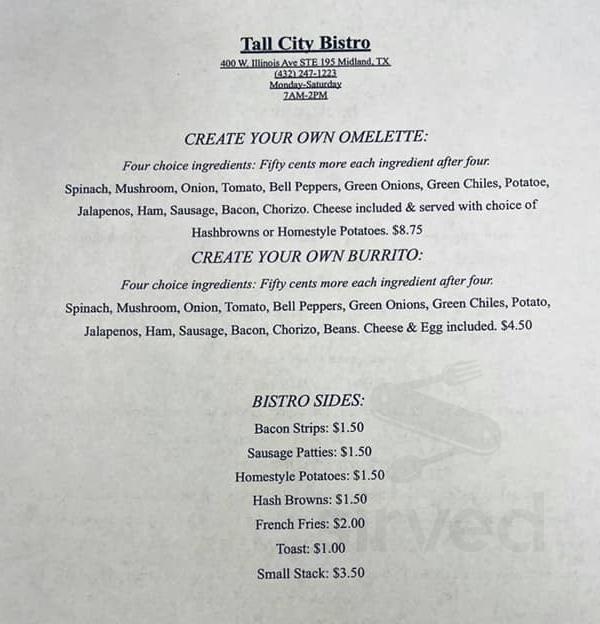Tall City Bistro menus in Midland, Texas, United States