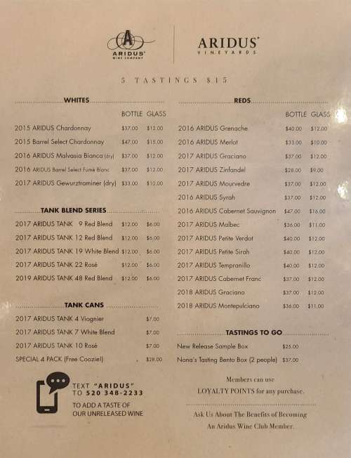 Aridus Wine Company Tasting Room menu in Scottsdale, Arizona, USA