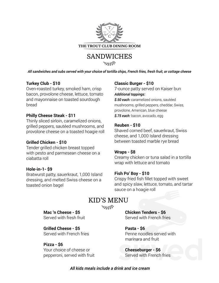 The Trout Club menu in Newark Ohio USA The Trout Club menu in Newark Ohio USA