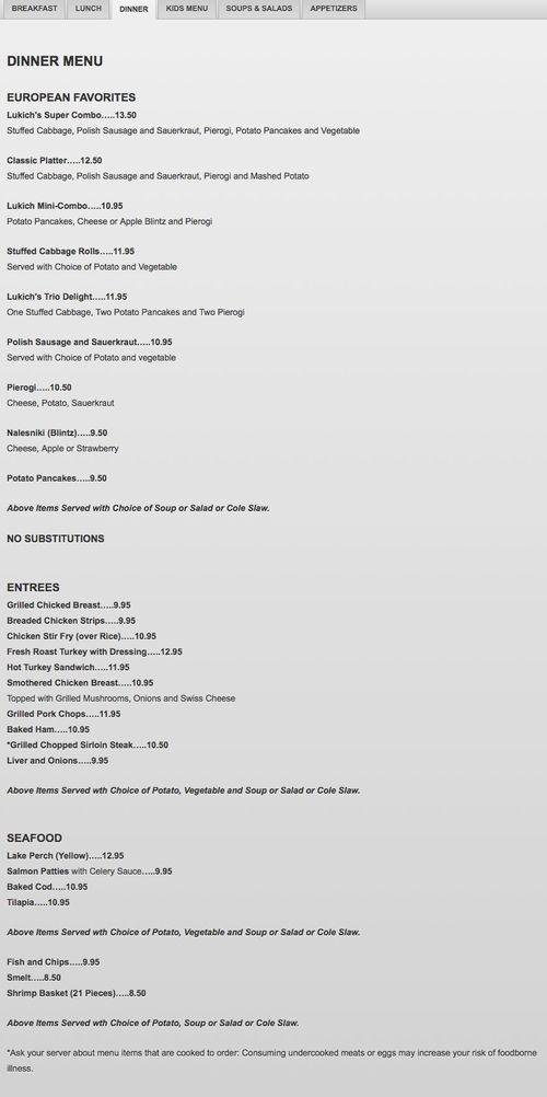Lukich's Family Dining menu in Troy, Michigan, USA
