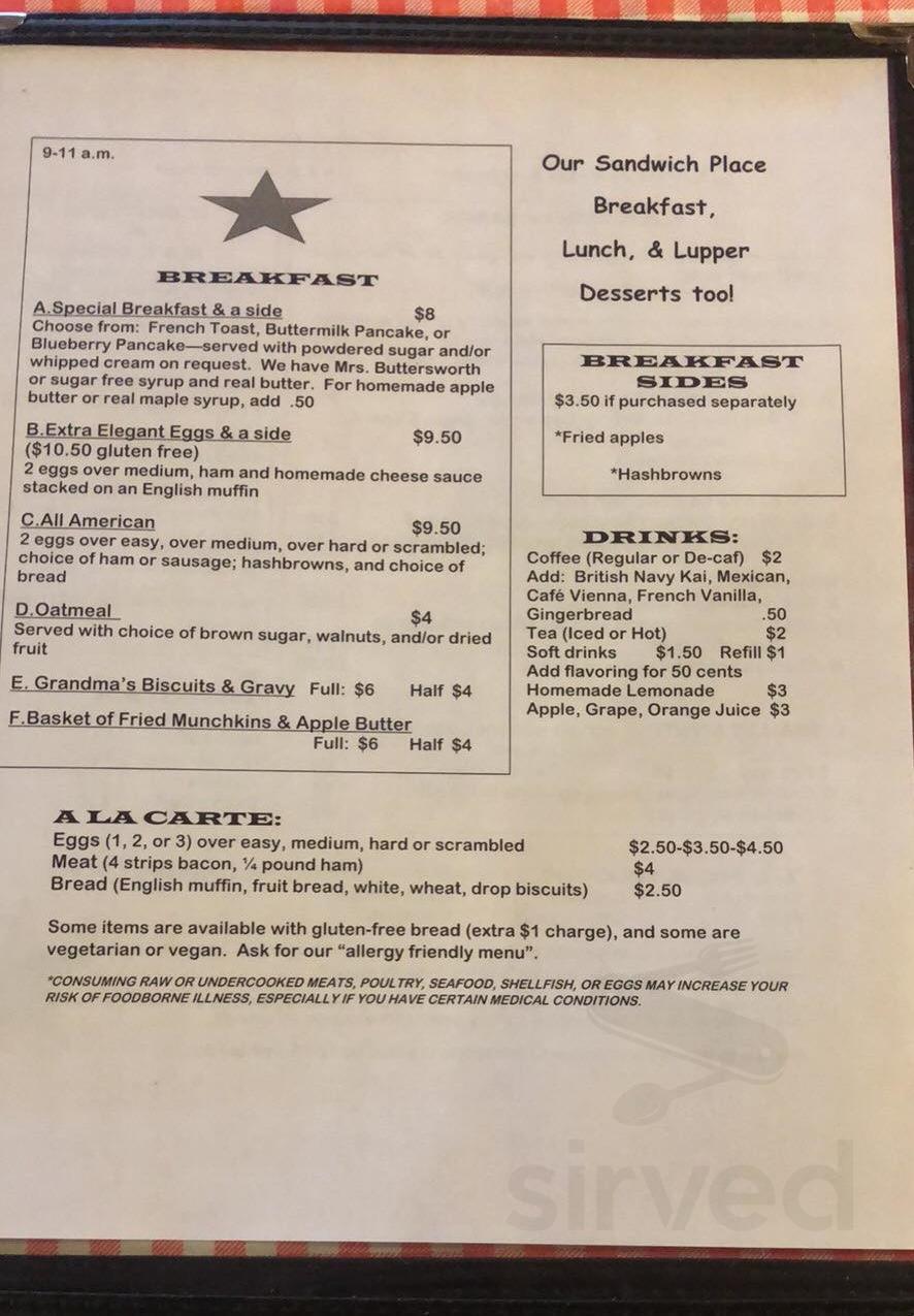 Our Sandwich Place menu in Nashville, Indiana, USA
