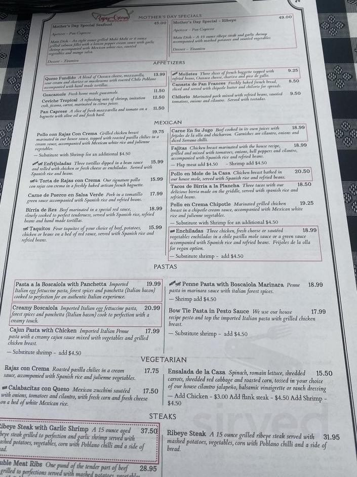 Rajas con Crema menu in Maywood, California, USA