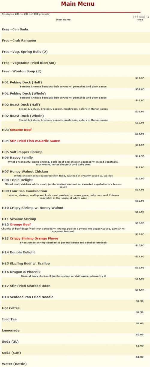 Asian Cuisine menu in Orlando, Florida, USA