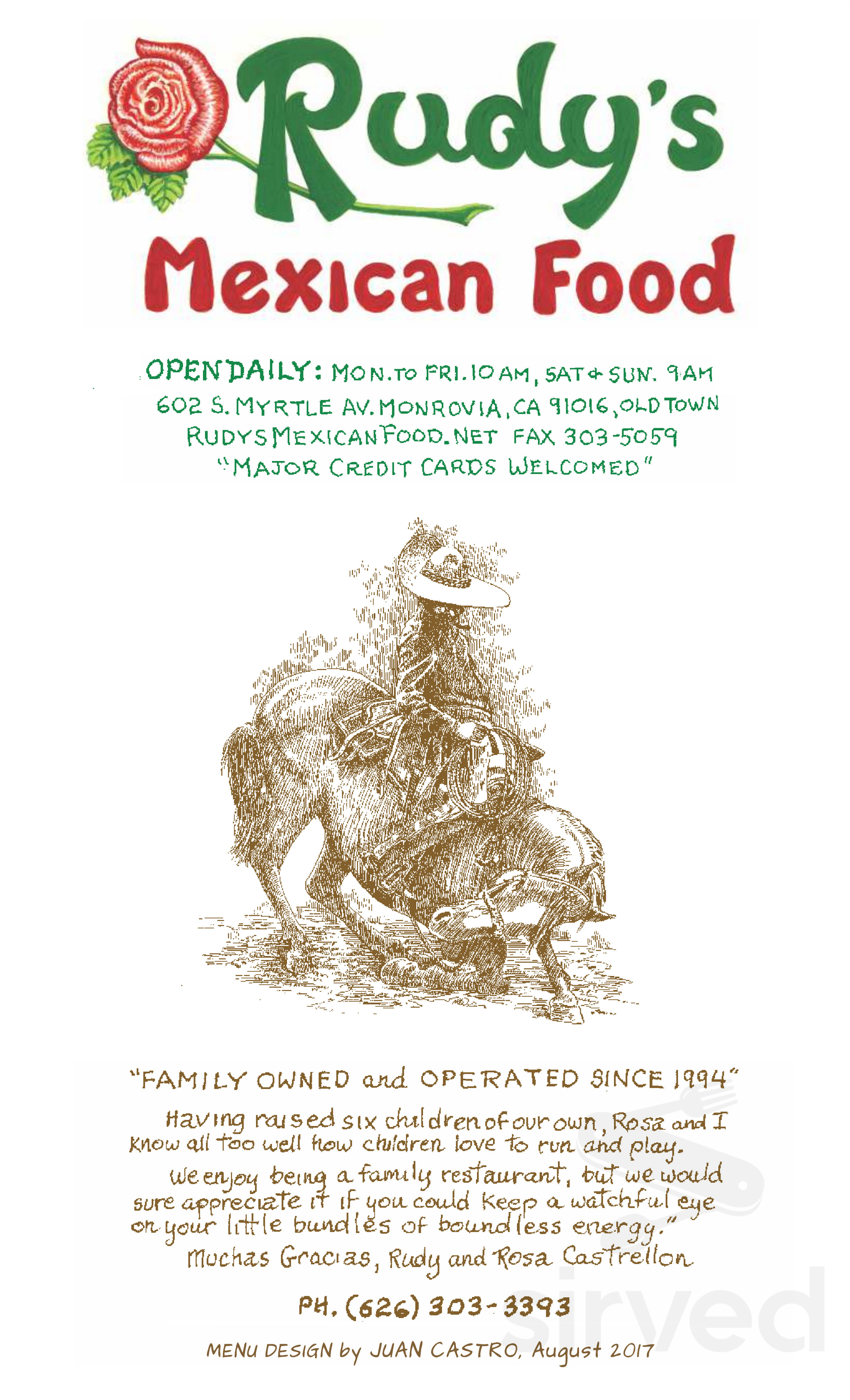 Rudy's Mexican Food menu in Monrovia, California, USA