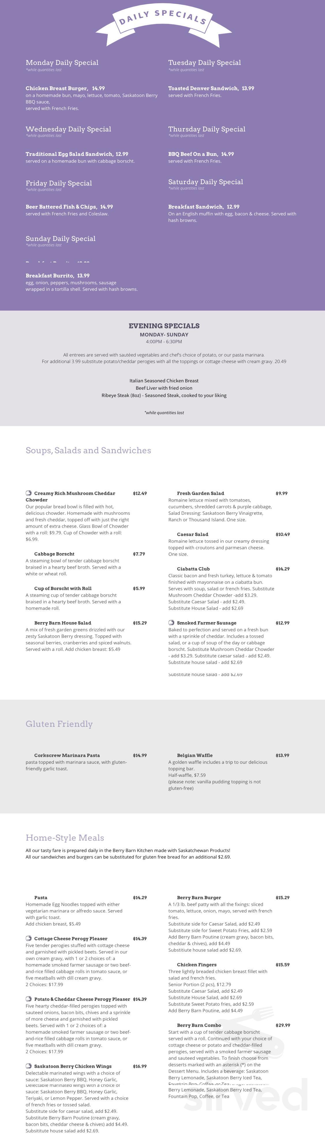 Menu - Saskatoon SK's The Berry Barn | Sirved
