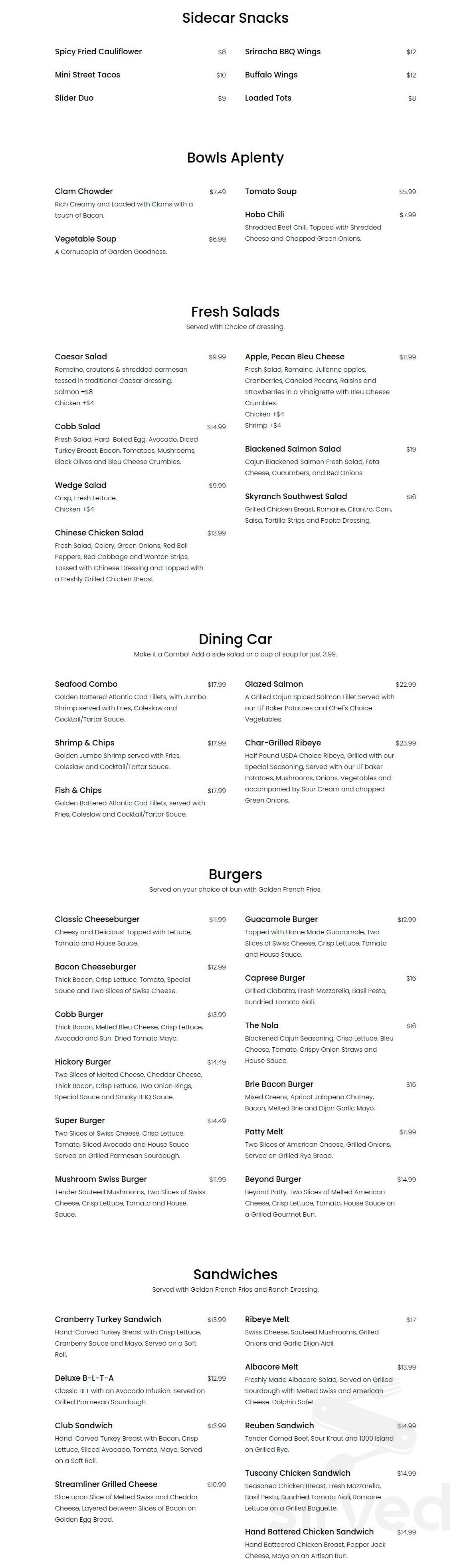 Streamliner Rochester Menu The Streamliner Lounge menu in Orange, California, USA