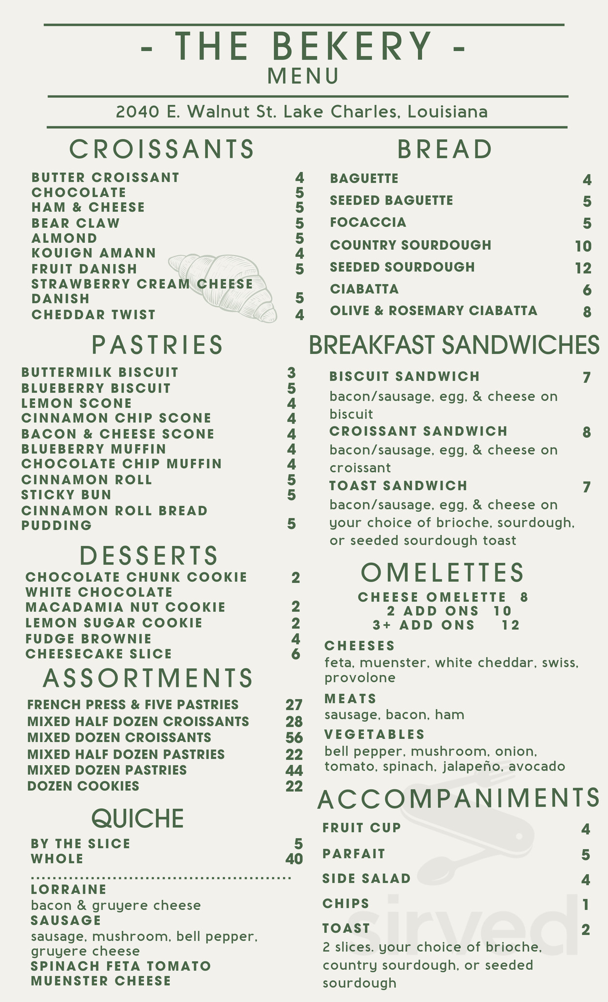 Menu - Lake Charles LA's The Bekery | Sirved